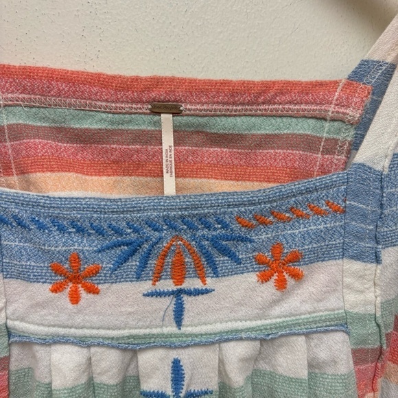 Free People Vintage Embroidered Striped Blue Peach Cotton Tank Top - Picture 6 of 14